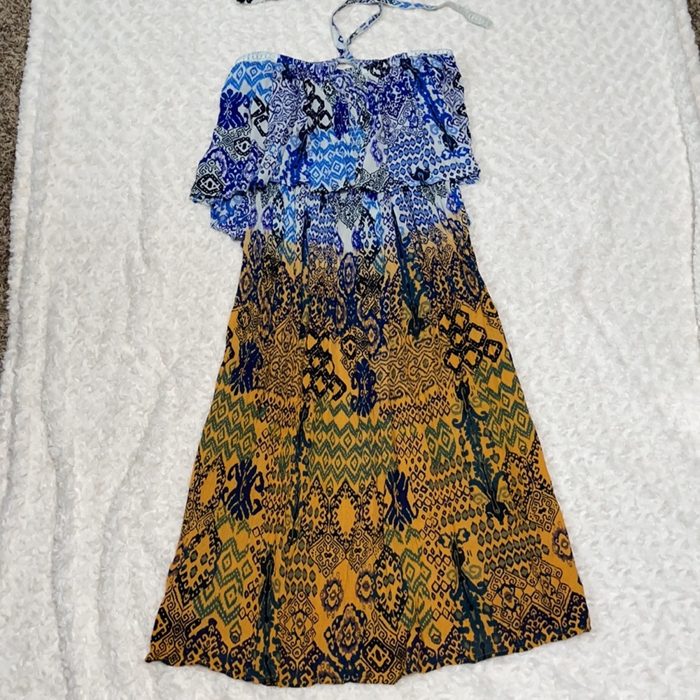 Anthropologie RAGA Until Sunrise Tiered Halter Midi Dress Blue Rust Ruffled XS - Picture 4 of 12